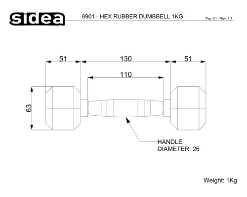 8901 - Hex Rubber Dumbbell 1Kg