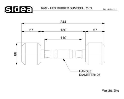 8902 - Hex Rubber Dumbbell 2Kg