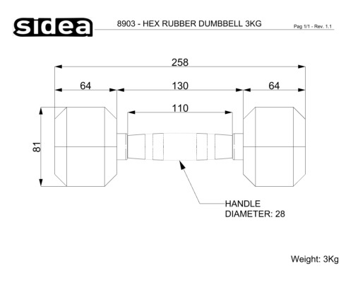 8903 - Hex Rubber Dumbbell 3Kg