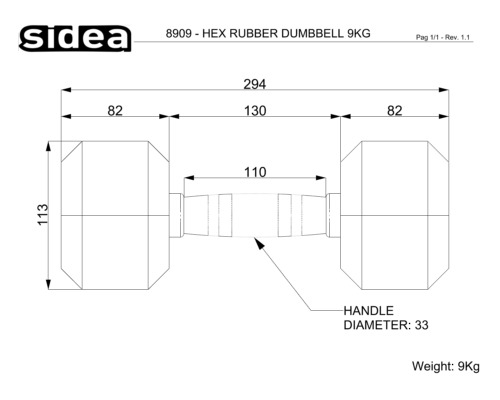 8909 - Hex Rubber Dumbbell 9Kg